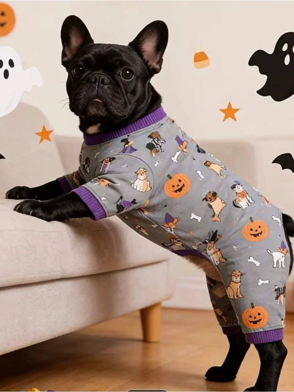 BN sz M dog pajama/costume Halloween Gray and Purple Pumpkin